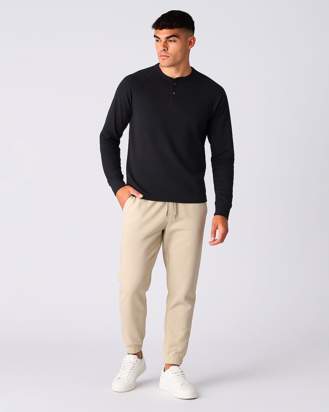 Mutual Wave Branded Men’s Textured Henley Neck Long Sleeve T-Shirt - Black MFT-01