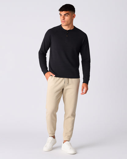 Mutual Wave Branded Men’s Textured Henley Neck Long Sleeve T-Shirt - Black MFT-01