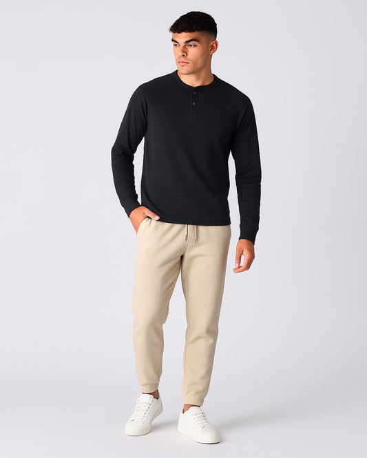 Mutual Wave Branded Men’s Textured Henley Neck Long Sleeve T-Shirt - Black MFT-01