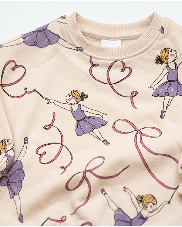Branded Kids Ballerina & Ribbon Print Crewneck Sweatshirt – Cream  SP-58
