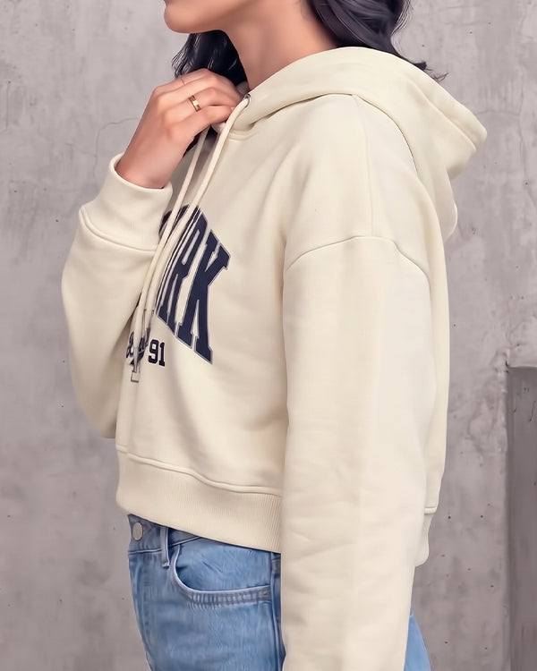 Teranovy Branded Winter Women’s Crop Hoodie – New York Print (Beige) WHD-07