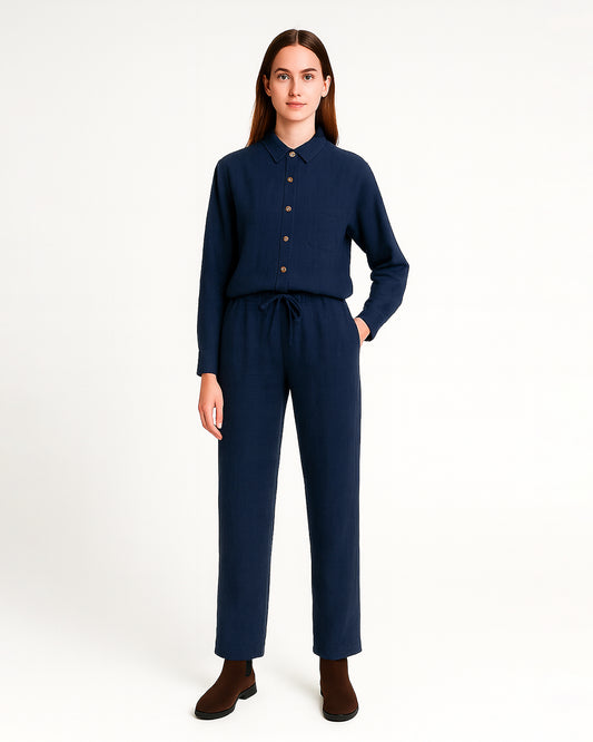 Spark Women’s Premium Linen-Blend Button Down Co-Ord Set – Navy Blue WCS-14