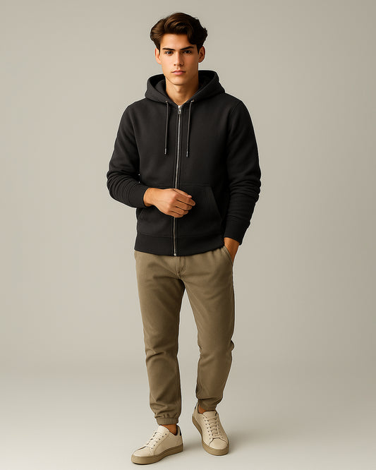 ADONY Branded Men’s Premium Fleece Zipper Hoodie – Deep Charcoal Black MZH-12