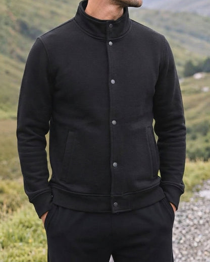 Kennath Col Branded Men's Minimalist Stand-Collar Snap-Button Fleece Jacket - Black Sp-42