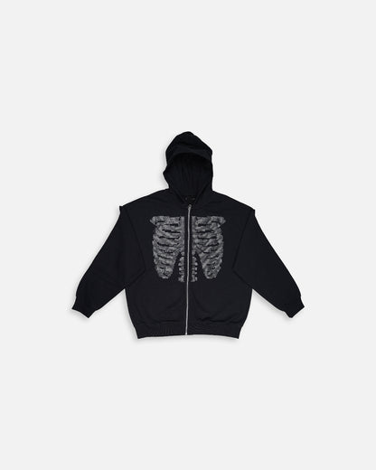Premium Rhinestone Skeleton Zip-Up Hoodie – Black MZH-11