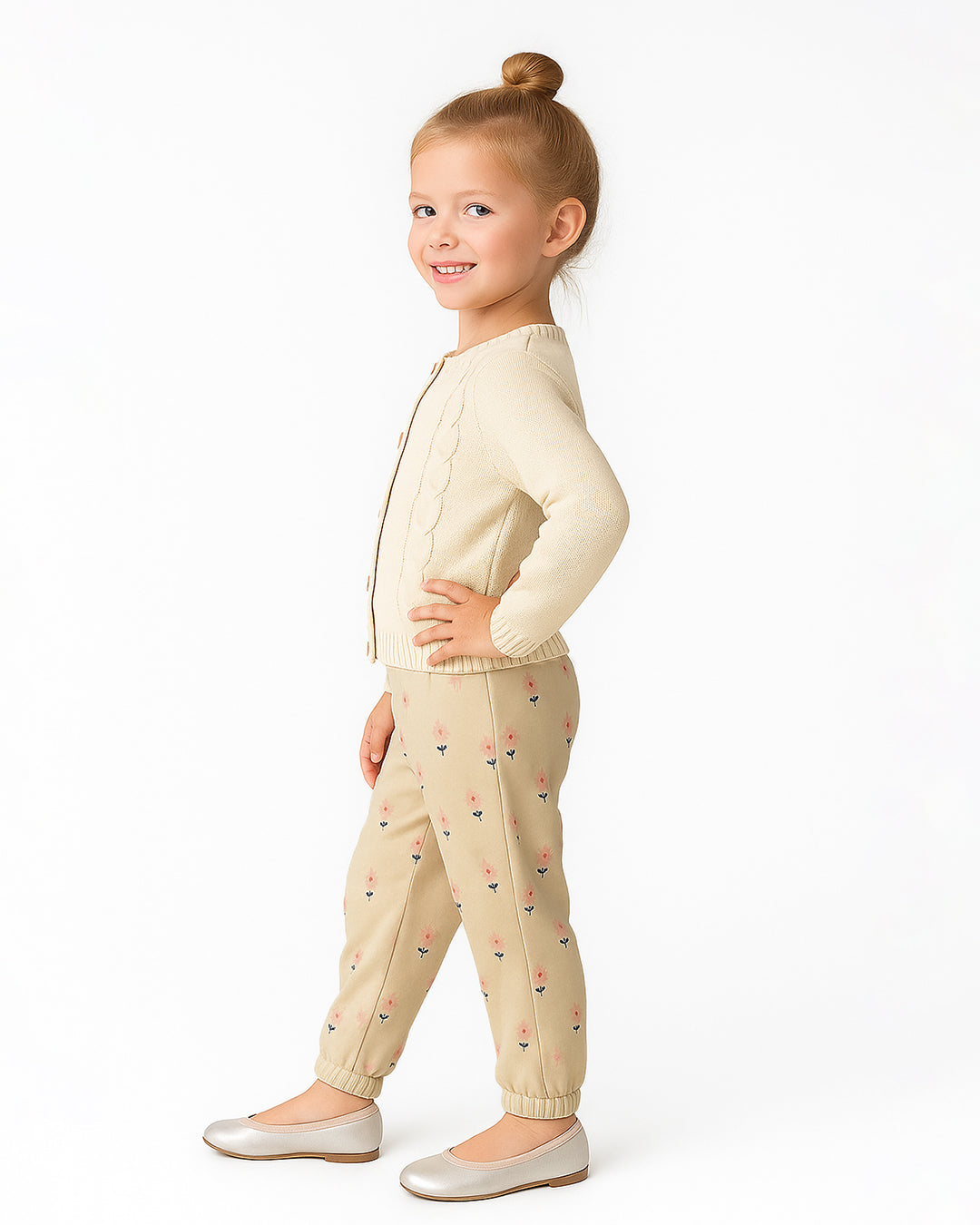 ZARRAA Branded Girl's Soft Cotton Floral Embroidered Jogger Trousers – Beige GT-02