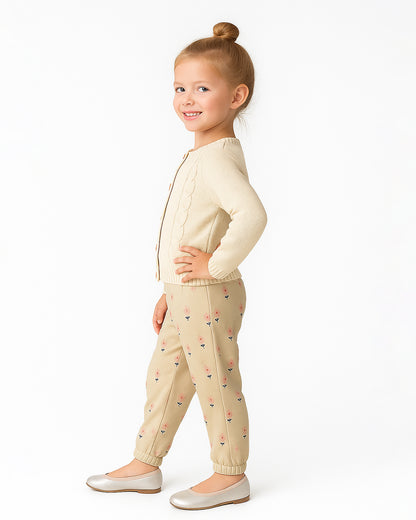 ZARRAA Branded Girl's Soft Cotton Floral Embroidered Jogger Trousers – Beige GT-02