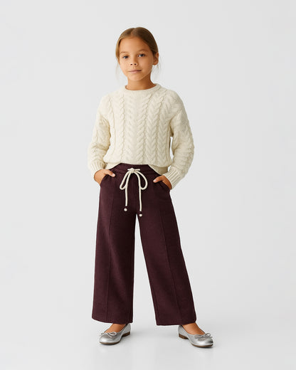 Winters Girls’ Ribbed Cotton Wide-Leg Drawstring Trousers – Deep Maroon GT-09