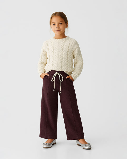 Winters Girls’ Ribbed Cotton Wide-Leg Drawstring Trousers – Deep Maroon GT-09
