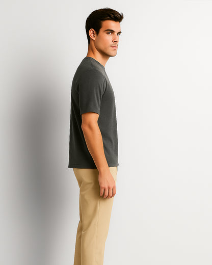 BERSK Men's Charcoal Textured Knit T-Shirt Drop Sholuder Mt-06