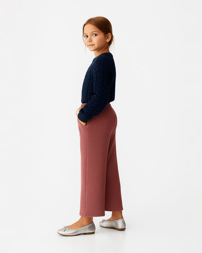 Winters Girls’ Ribbed Cotton Wide-Leg Drawstring Trousers – Dusty Rose GT-04