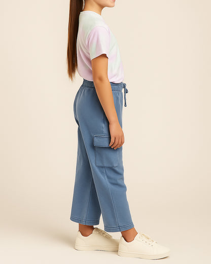 Zarraa Branded Girls Sky Blue Wide-Leg Cargo Trouser GT-01