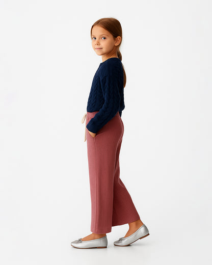 Winters Girls’ Ribbed Cotton Wide-Leg Drawstring Trousers – Dusty Rose GT-04