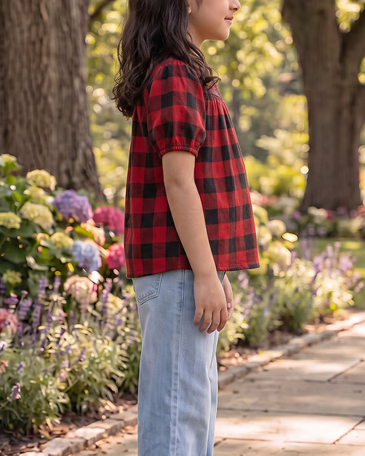 SPARK Branded Kids Buffalo Plaid Puff-Sleeve Fusion Top GF-15