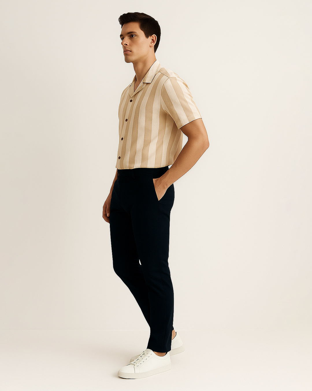 PullNBear Branded Men’s Beige Stripe Button-Down Shirt MCS-30