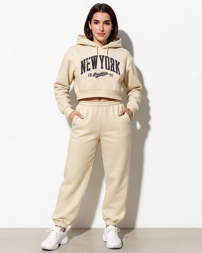 Teranovy Branded Winter Women’s Crop Hoodie – New York Print (Beige) WHD-07