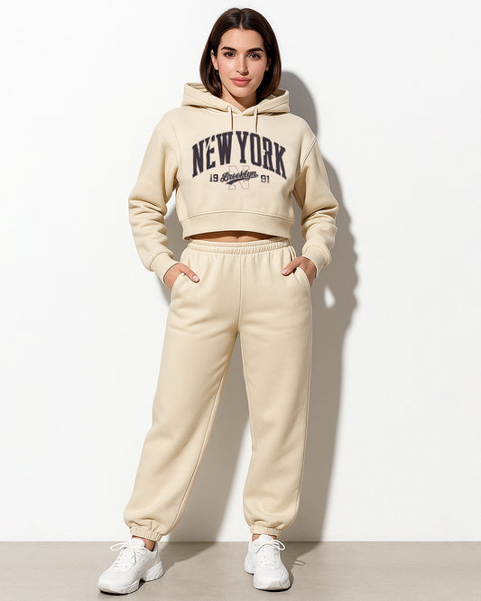 Teranovy Branded Winter Women’s Crop Hoodie – New York Print (Beige) WHD-07