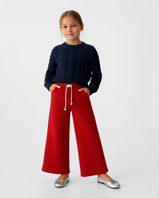 Winters Girls’ Ribbed Cotton Wide-Leg Drawstring Trousers – Cherry Red GT-07