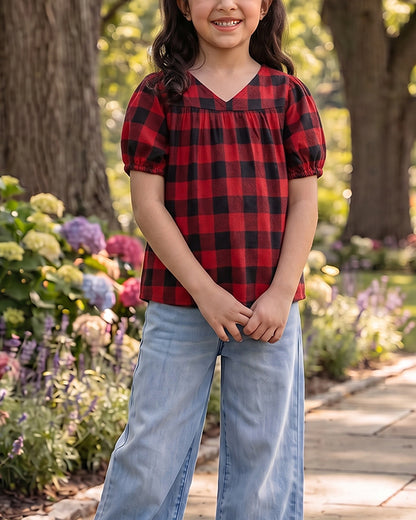 SPARK Branded Kids Buffalo Plaid Puff-Sleeve Fusion Top GF-15
