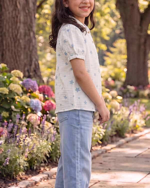 Spark Branded Girls Star Print Cotton Shirt – Soft White GF-02