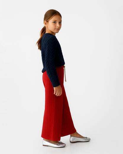 Winters Girls’ Ribbed Cotton Wide-Leg Drawstring Trousers – Cherry Red GT-07
