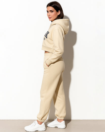 Teranovy Branded Winter Women’s Crop Hoodie – New York Print (Beige) WHD-07