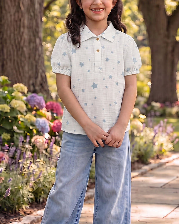 Spark Branded Girls Star Print Cotton Shirt – Soft White GF-02