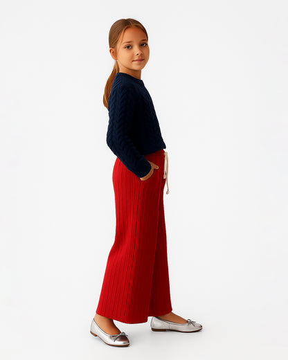 Winters Girls’ Ribbed Cotton Wide-Leg Drawstring Trousers – Cherry Red GT-07