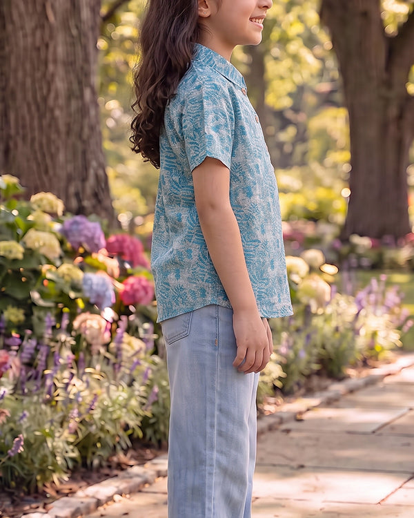 Spark Branded Girls Tropical Leaf Print Cotton Shirt – Aqua Blue GF-03