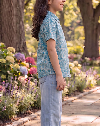 Spark Branded Girls Tropical Leaf Print Cotton Shirt – Aqua Blue GF-03