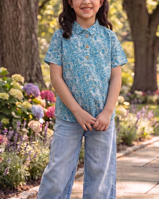 Spark Branded Girls Tropical Leaf Print Cotton Shirt – Aqua Blue GF-03