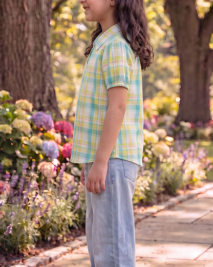 Spark Branded Girls Checkered Cotton Shirt Dress – Mint & Yellow GF-05