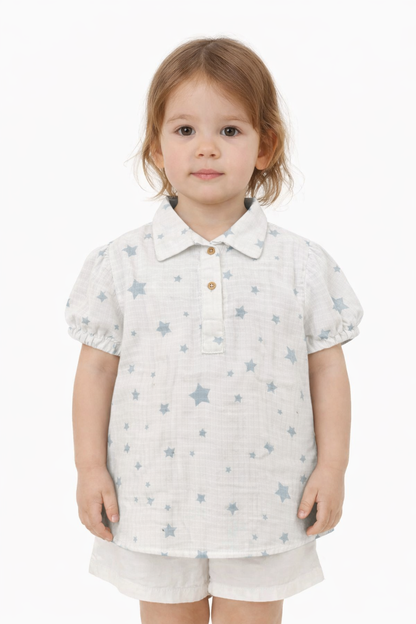 Spark Branded Girls Star Print Cotton Shirt – Soft White GF-02