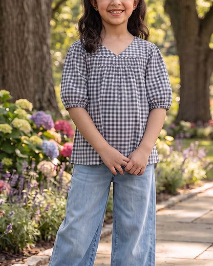 SPARK Branded Kids Gingham Puff-Sleeve Fusion Top GF-14