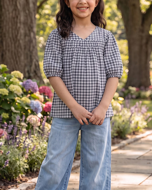 SPARK Branded Kids Gingham Puff-Sleeve Fusion Top GF-14