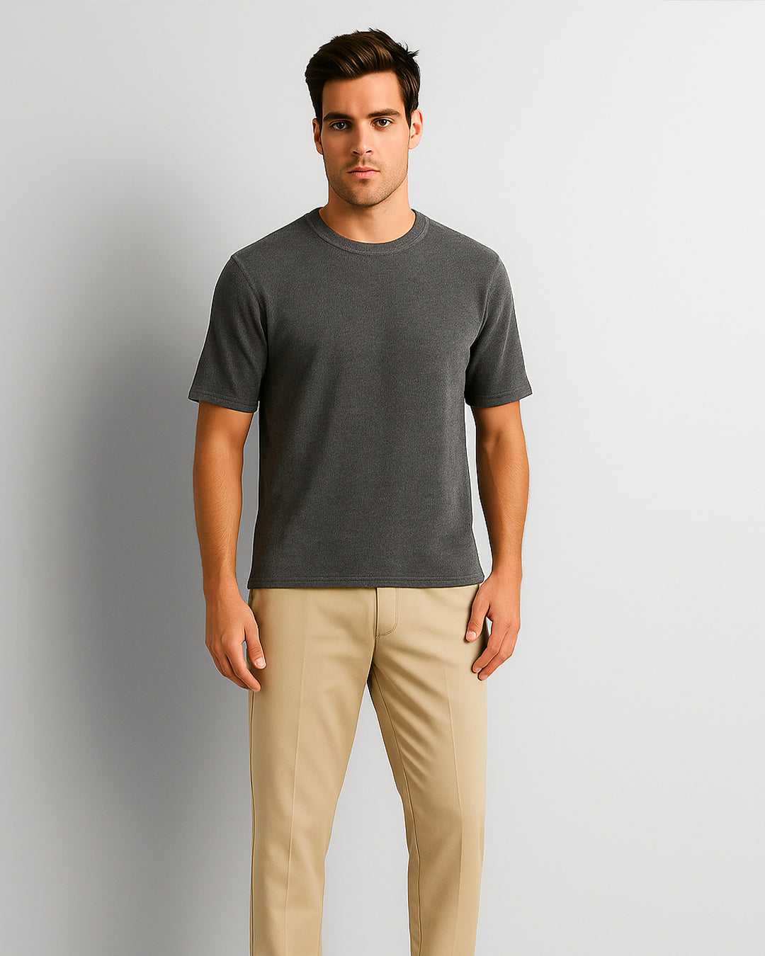 BERSK Men's Charcoal Textured Knit T-Shirt Drop Sholuder Mt-06