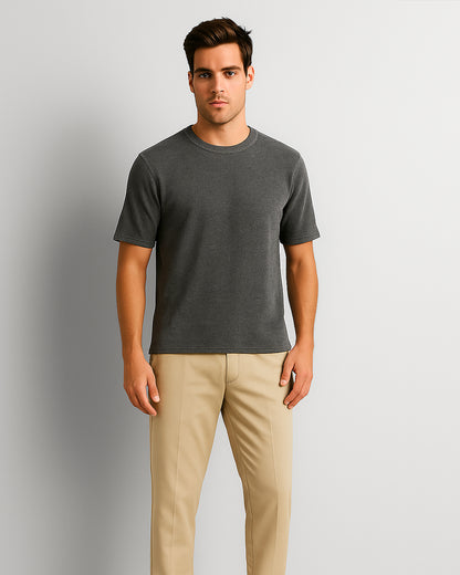 BERSK Men's Charcoal Textured Knit T-Shirt Drop Sholuder Mt-06