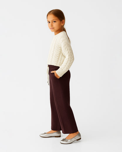 Winters Girls’ Ribbed Cotton Wide-Leg Drawstring Trousers – Deep Maroon GT-09