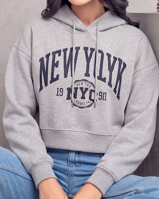 Teranovy Branded Women’s New York Crop Hoodie – Grey WHD-01