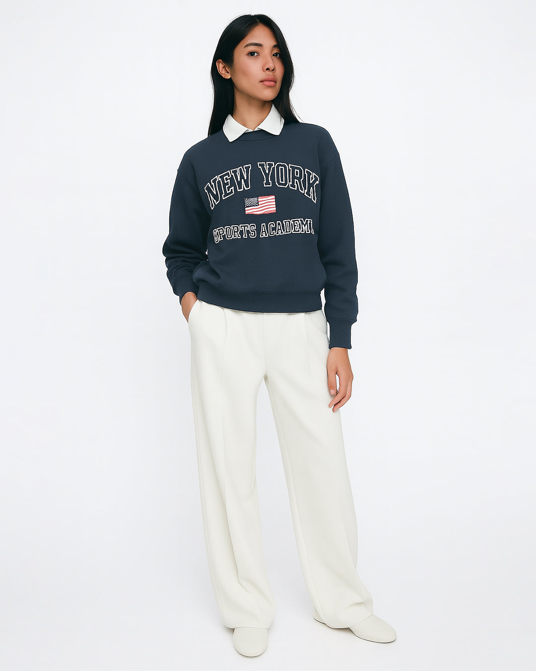 PullNBear Women’s New York Sports Academy Collar Sweatshirt – Navy Blue WSWT-01