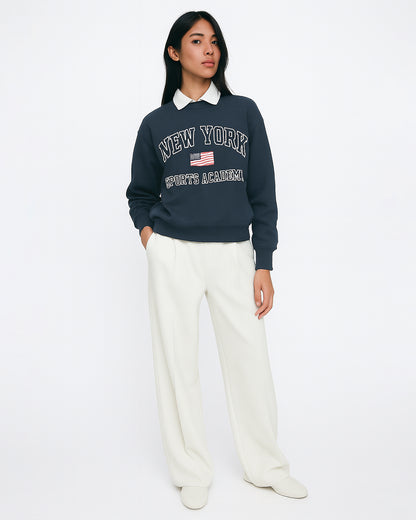 PullNBear Women’s New York Sports Academy Collar Sweatshirt – Navy Blue WSWT-01