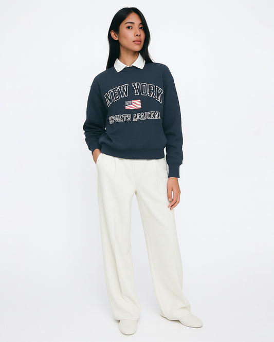 PullNBear Women’s New York Sports Academy Collar Sweatshirt – Navy Blue WSWT-01