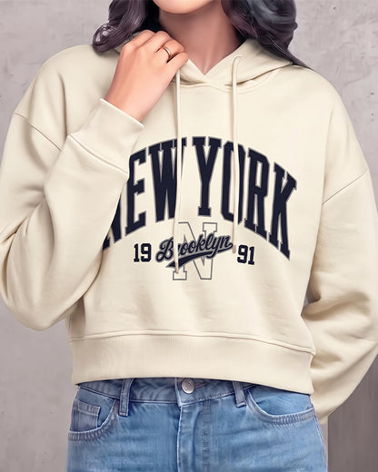 Teranovy Branded Winter Women’s Crop Hoodie – New York Print (Beige) WHD-07