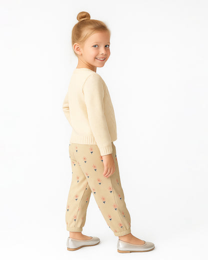 ZARRAA Branded Girl's Soft Cotton Floral Embroidered Jogger Trousers – Beige GT-02