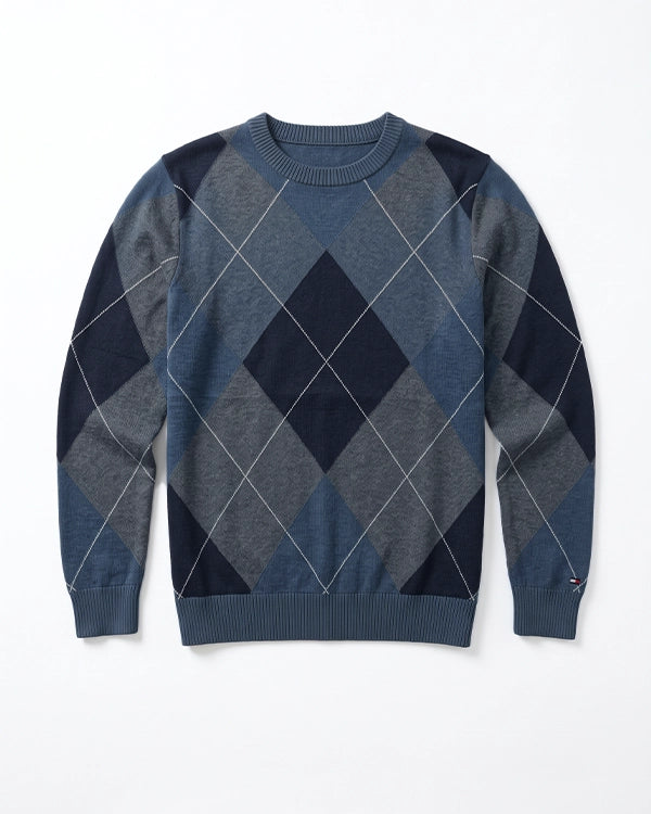 Tomie Hil Branded Mens Blue Argyle Pattern Crewneck Sweater Sp-25