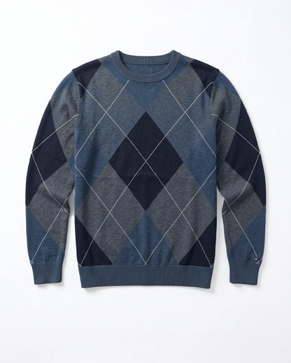 Tomie Hil Branded Mens Blue Argyle Pattern Crewneck Sweater Sp-25