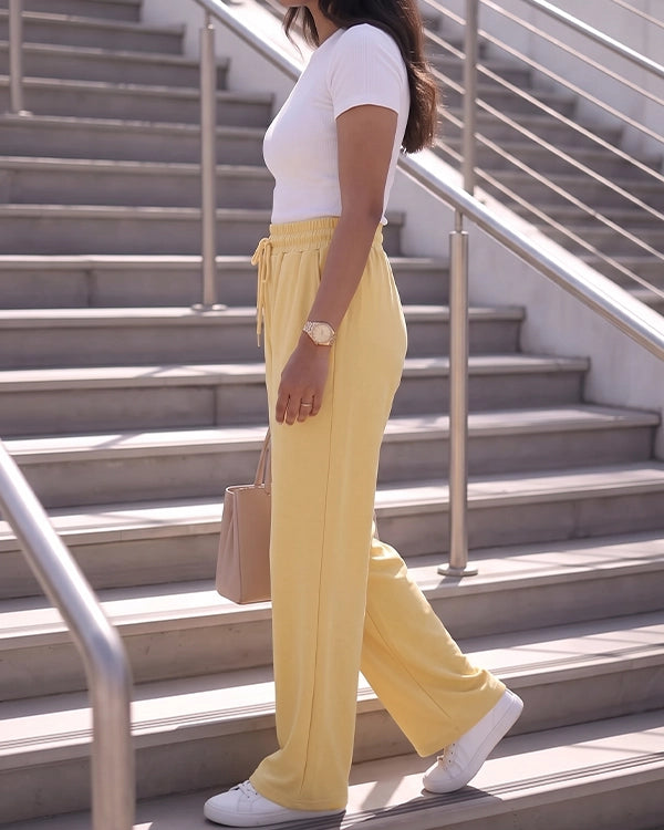 Rogr Branded Womens Wide-Leg Trousers Pastel Yellow Color WTR-13