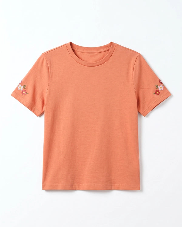 Branded Womens Peach Floral Embroidered Casual T-Shirt Sp-23
