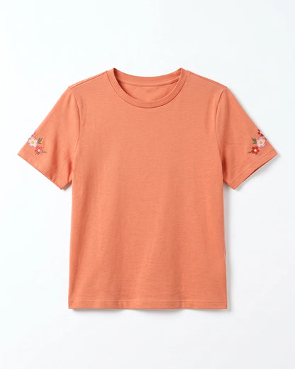 Branded Womens Peach Floral Embroidered Casual T-Shirt Sp-23