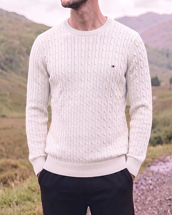 Tomie Hil Branded Mens White Cable Knit Crewneck Sweater Sp-30